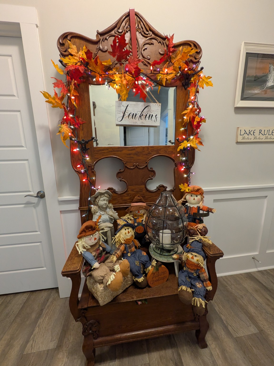 Family hall tree decorated for fall