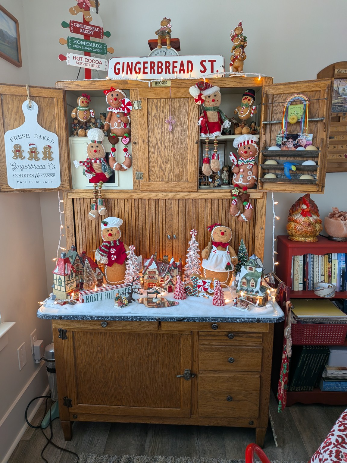 Hoosier cabinet transformed into Gingerbread Street for Christmas