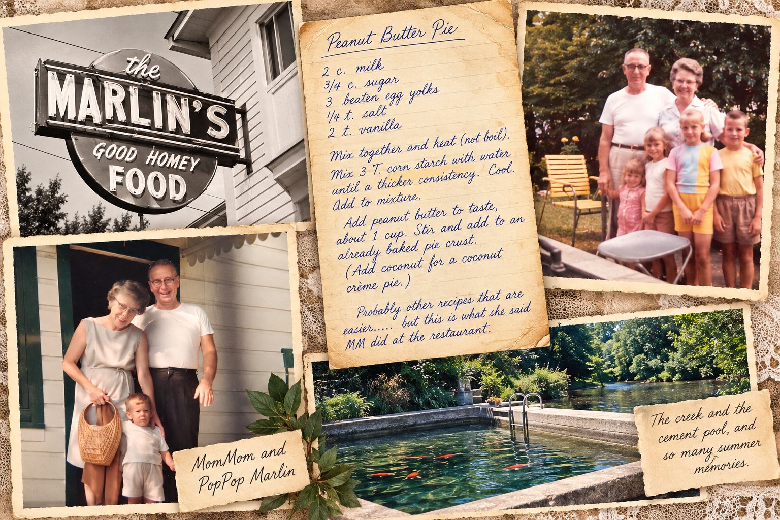 Marlin family photographs, restaurant sign, and treasured family recipes