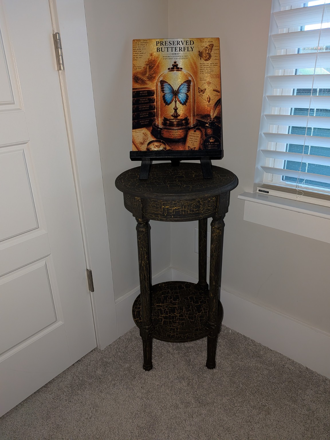 Preserved Butterfly design with crackle-finished table in the Cabinet of Curiosities guest room