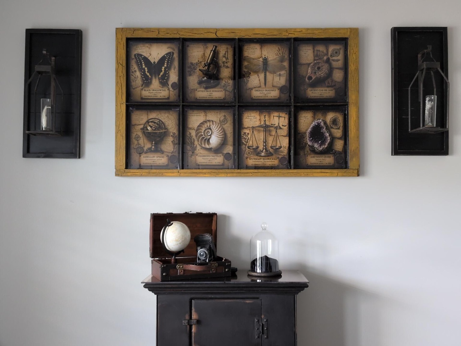 Finished eight-pane Cabinet of Curiosities specimen display designed by Roxie